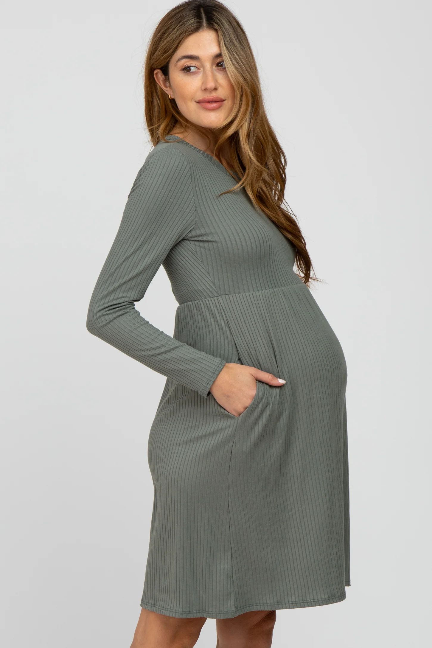 Grey Ribbed Knit Long Sleeve Maternity Dress | PinkBlush Maternity