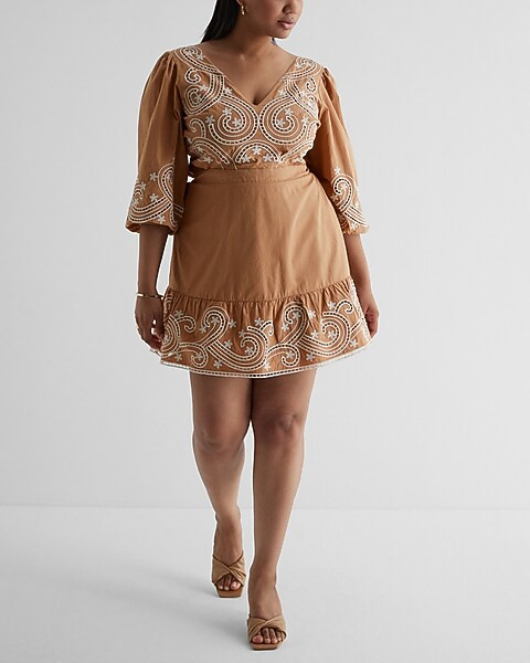 Embroidered Eyelet V-Neck Tie Back Poplin Mini Dress | Express