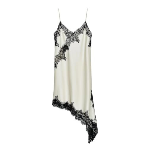 Women's Satin Lace Dress Asymmetric Cocktail Mini Dress Layering Essentials Elegant Dresses Date Night Outfits (White-Black,L) | Amazon (US)