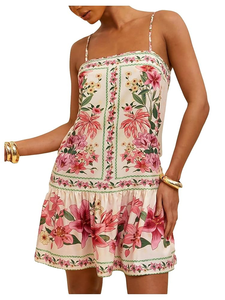 Women's Tropical Floral Cami Dress Boho Sleeveless Square Neck Flared Vacation Dresses | Amazon (US)