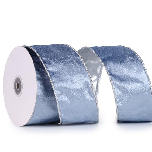 DINDOSAL Dusty Blue Velvet Ribbon Wired 2.5" x 10 Yards Blue Christmas Ribbon with Silver Backside, Blue and Silver Wired Ribbon for Christmas Tree, Wreaths, Topper Bows, Crafts, Gift Wrapping | Amazon (US)