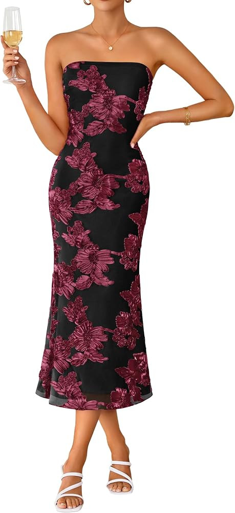 ZESICA 2026 Summer Strapless Floral Cocktail Wedding Guest Dress for Women | Amazon (US)