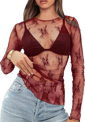 Sexy Tops for Women Lace Long Sleeve Tops Trendy Summer Red Mesh Top Sheer Undershirt Slim Fitted Crewneck Shirts See Through Dressy Blouses Clubwear M | Amazon (US)
