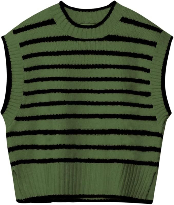 Lueluoye Sweater Vest for Women 2024 Crew Neck Cap Sleeve Tops Striped Knit Tank Top S-2XL | Amazon (US)