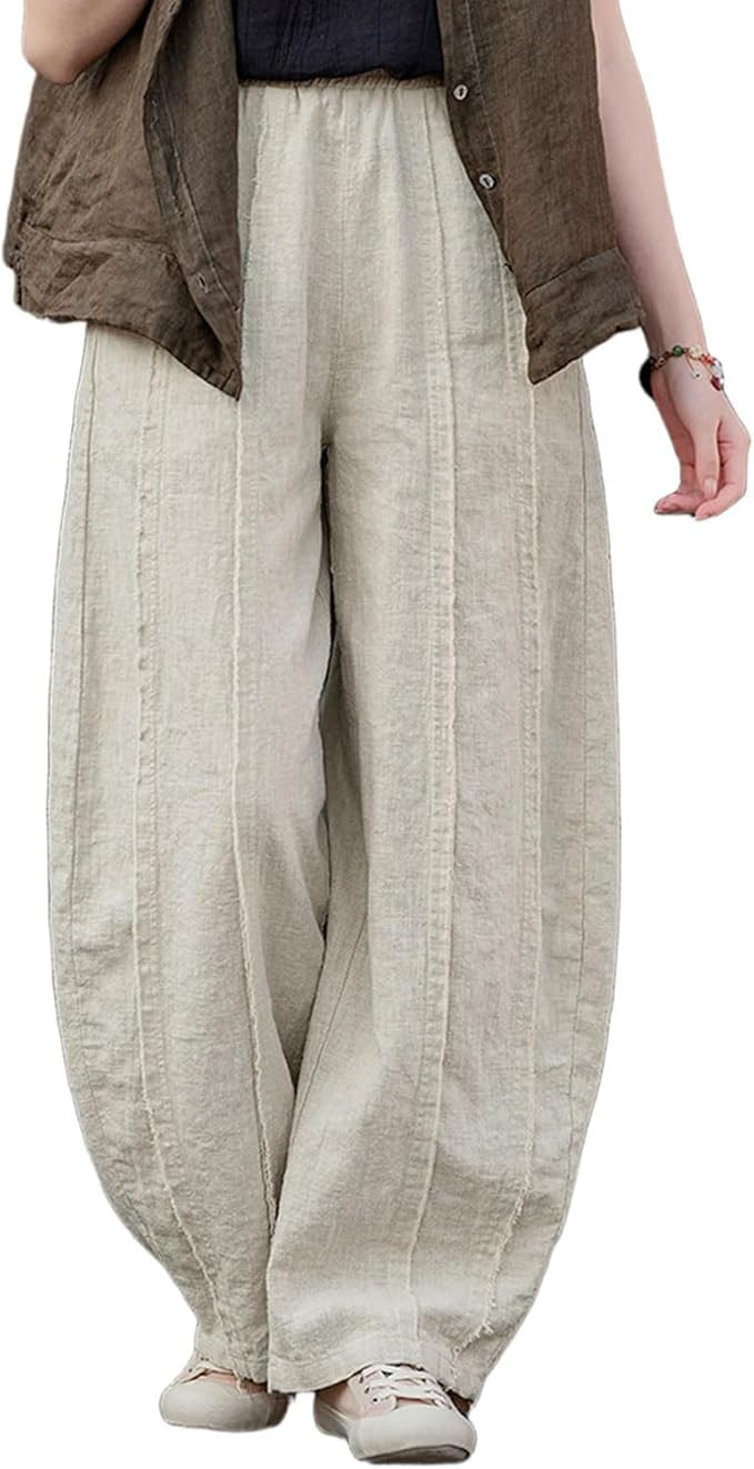 IXIMO Women's Linen Harem Pants Vintage Wide Leg Lantern Front Raw Frayed Patchwork Baggy Boho Lo... | Amazon (US)