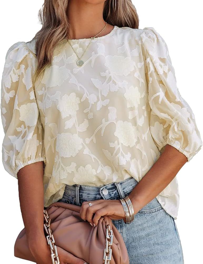 Alvnpin Women Elegant Floral Textured Blouses Round Neck Half Sleeves Tops Shirts | Amazon (US)