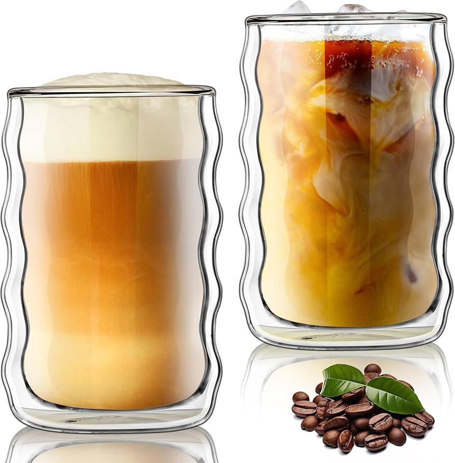 Joeyan Double Wall Glass, 14.5oz Wave Insulated Coffee Tumbler Set of 2 | Amazon (US)