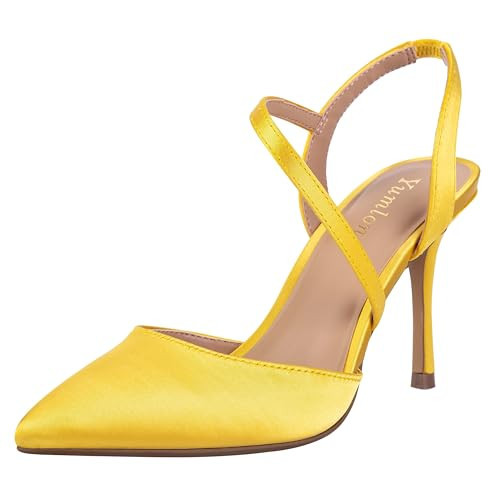 Closed Toe Satin Yellow High Heels for Women's Pumps Stiletto Heel 3.3 Inch Ankle Strap Pointed Toe Shoes Prom Dress Bride Satin Shoes for Wedding Dinner Party Satin Gold 8.5 | Amazon (US)