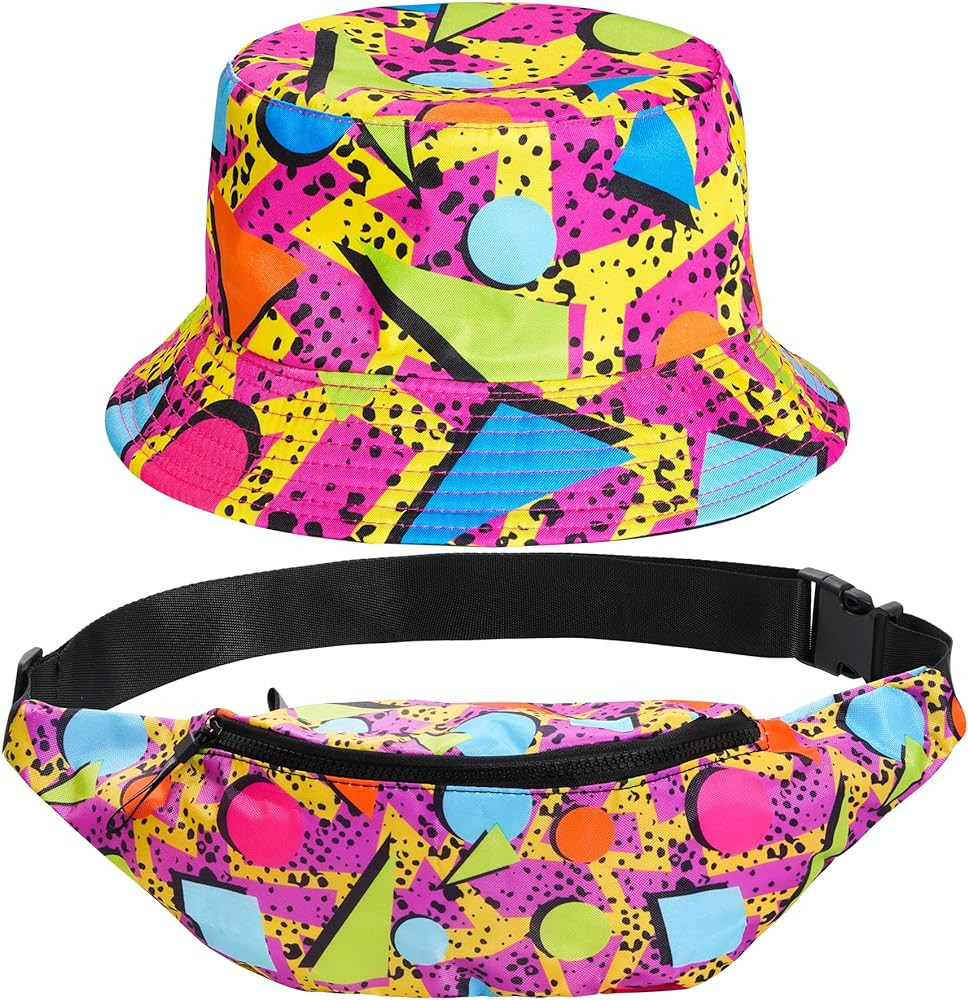 80s 90s Fanny Pack Bucket Hat Set for Women Men Neon Waist Bag 90s Hat Retro Casual Outfit for 19... | Amazon (US)