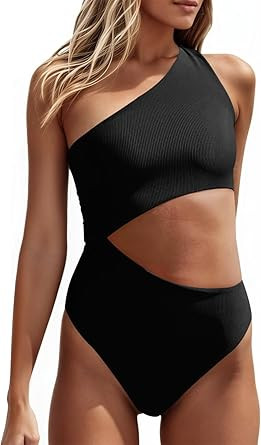 Women's One Piece Ribbed Swimsuit One Shoulder Cutout Swimwear Sexy Bathing Suit | Amazon (US)