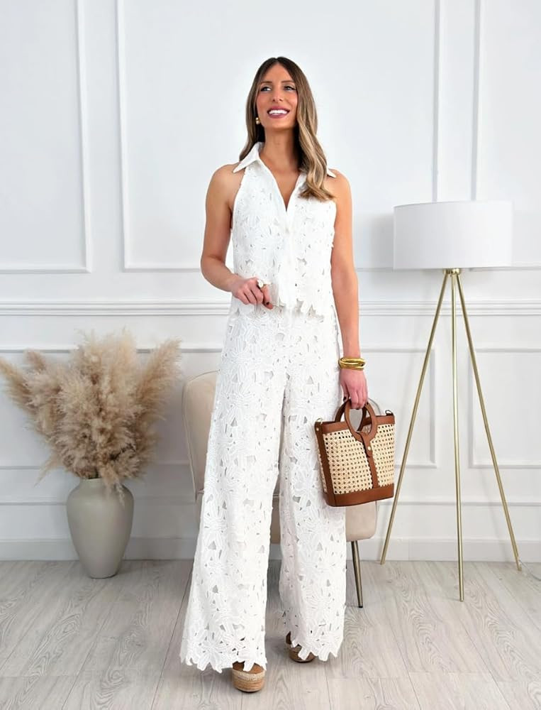2 Piece Sets for Women Summer Tank Crop Top with Wide Leg Pants Two Piece Lounge Set for Women | Amazon (US)