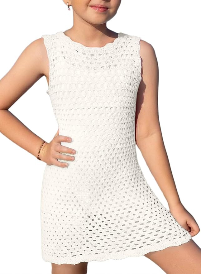 blibean Girls Swimsuit Cover Up Knit Cutout Bathing Suit Crochet Beach Dress Size 6-15 Years | Amazon (US)