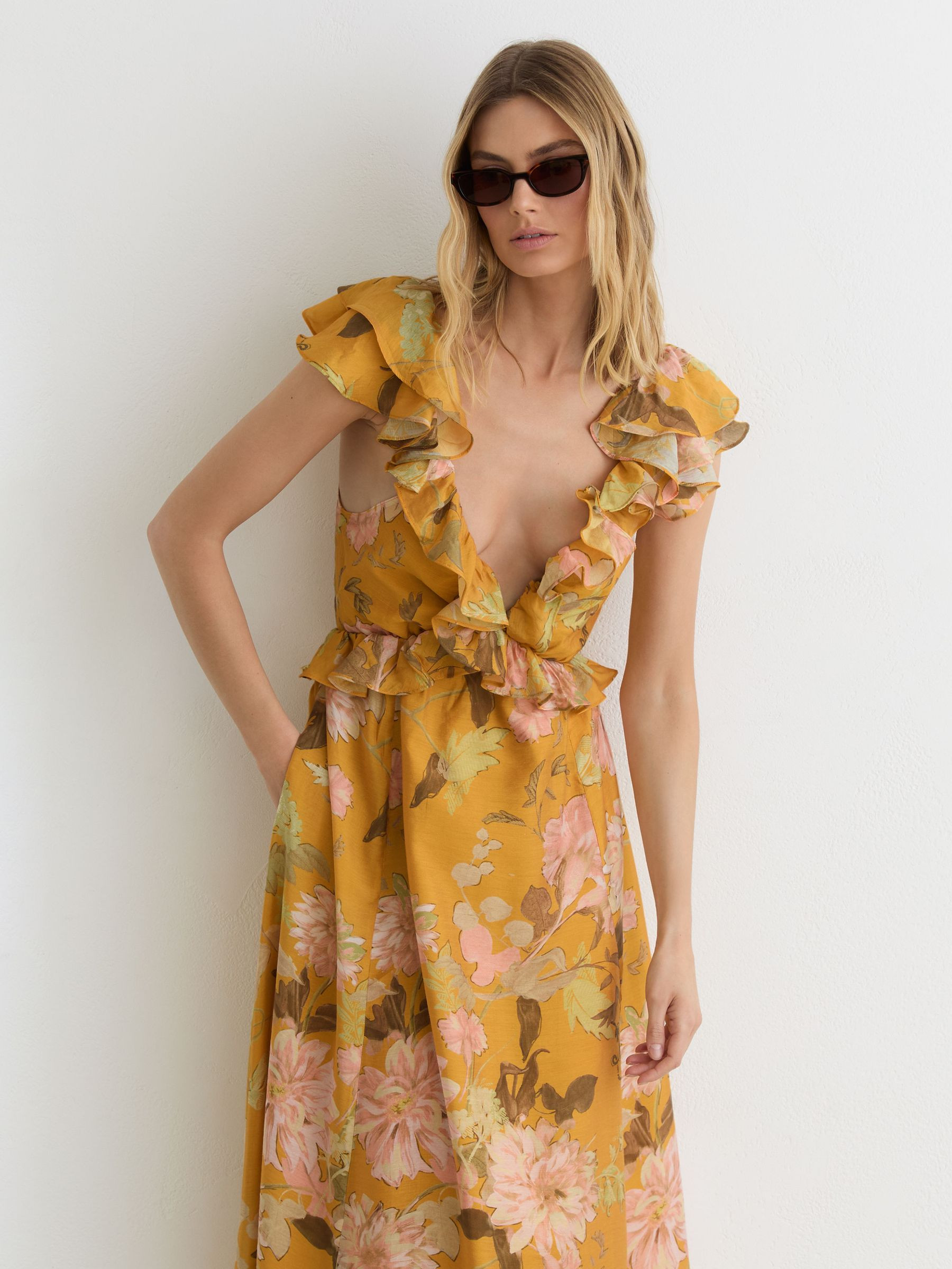 Reiss Floral-Print Frill-Trim Midi Dress in Yellow - REISS | Reiss UK