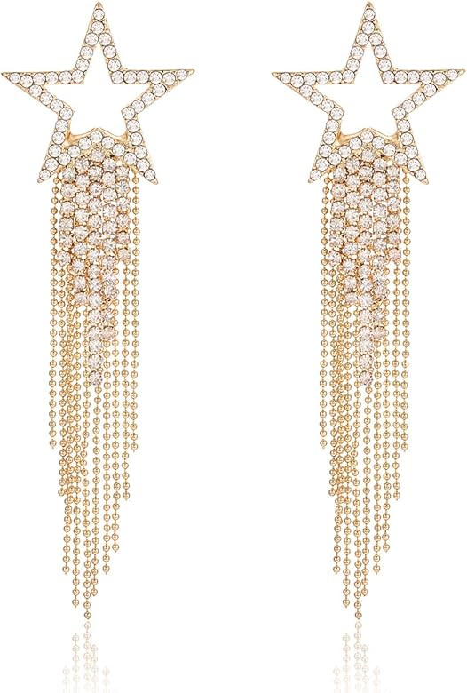 Women’s Tassel Earrings Star Ear Stud Pave Crystal Dangle Earrings Boho Waterfall Beaded Fringe... | Amazon (US)