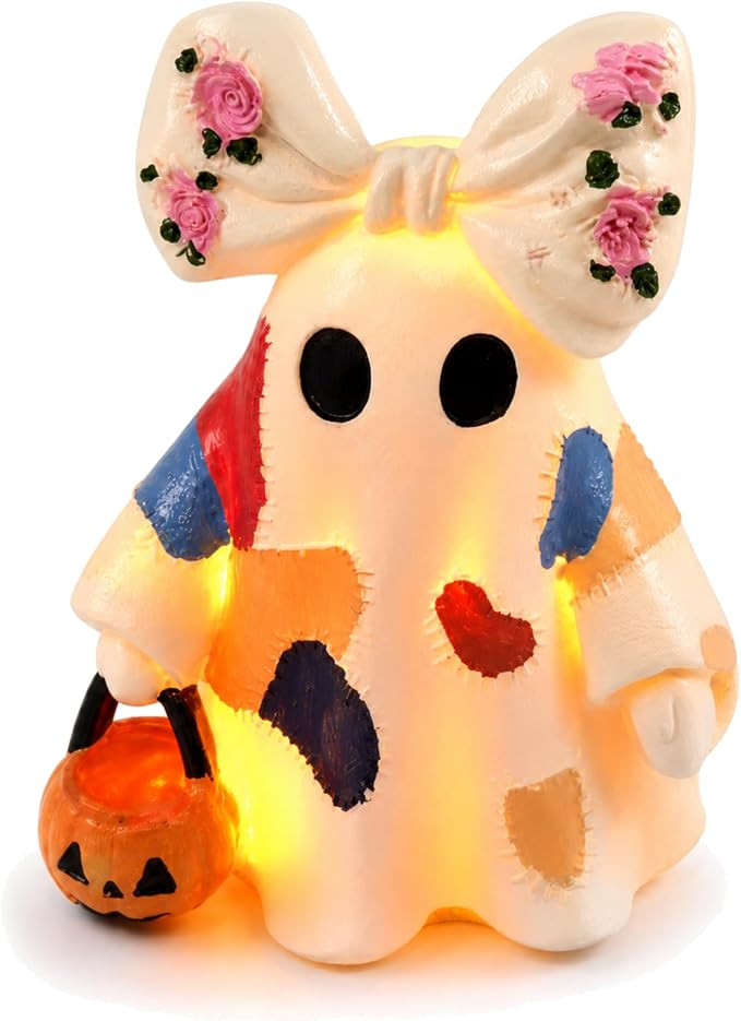Lighted Vintage Patchwork Ghost Decor, Resin Halloween Figurine with Floral Bow and Pumpkin Lamp ... | Amazon (US)