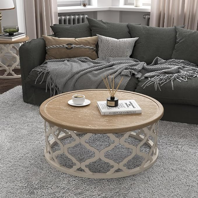 VONLUCE Farmhouse Coffee Table,30'' Round French Country Living Room Table,Distressed Wood Tray T... | Amazon (US)