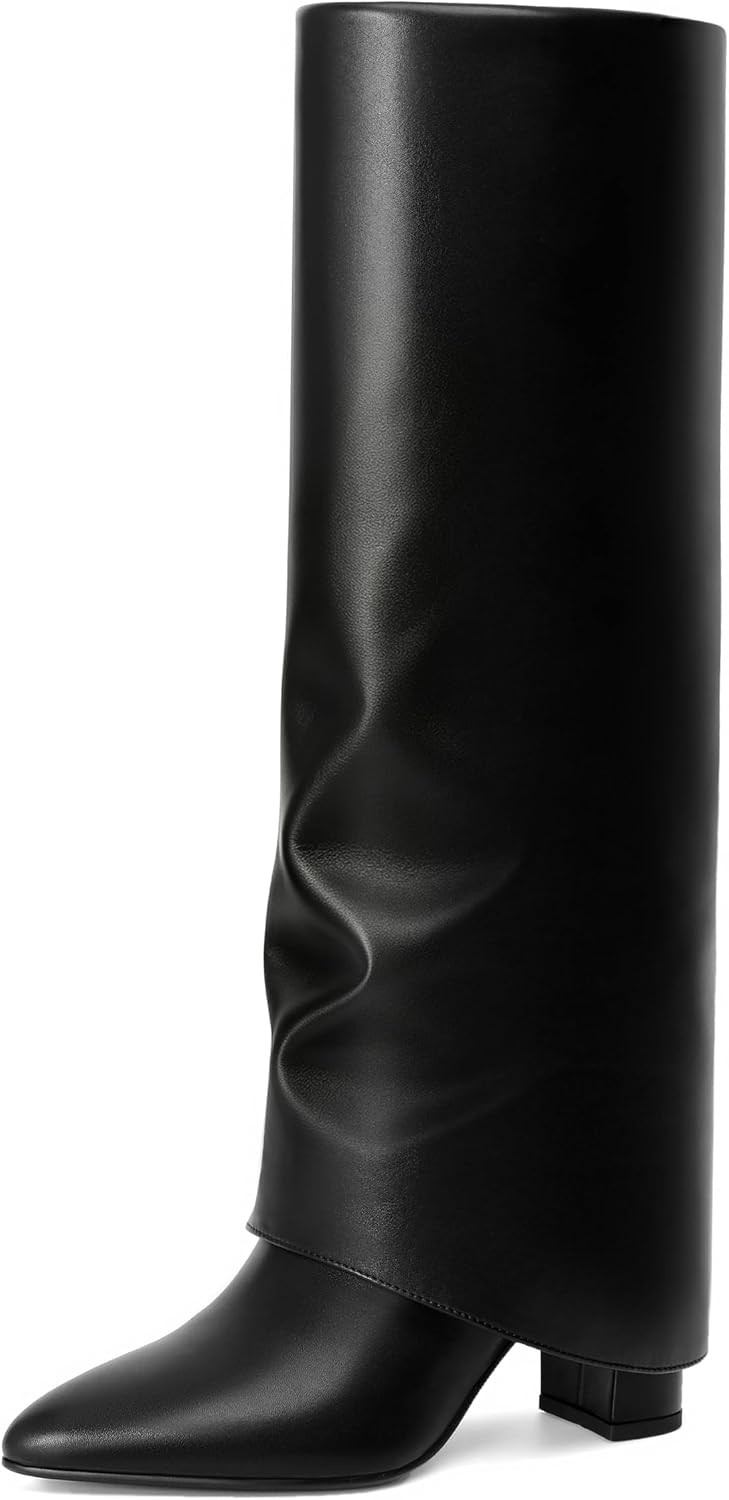 Reitoye Knee High Boots Women Fold Over Boots Chunky Pointed Toe Tall Boots | Amazon (US)