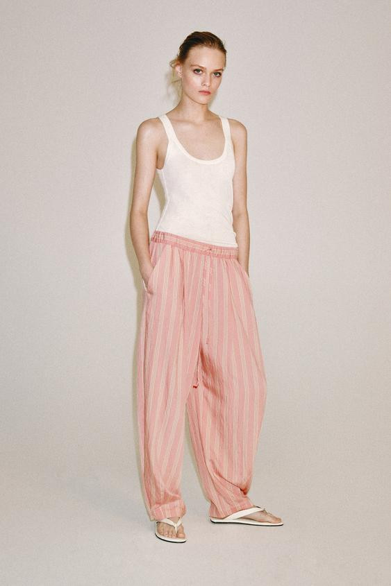 Zara - Zw Collection Striped Balloon Pants - Pink / White - Xs - Woman | Zara US