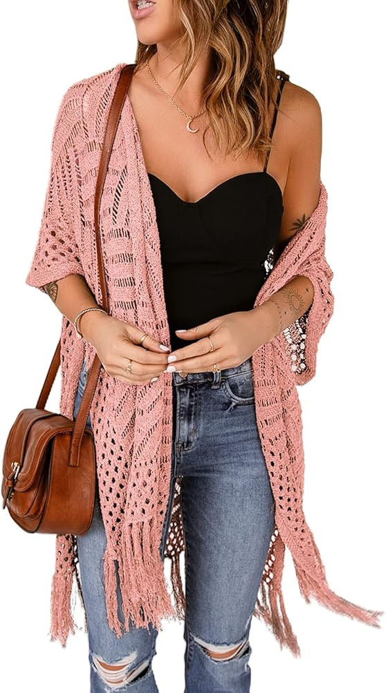 Sidefeel Women's Open Front Knit Sheer Cardigans Summer Boho Lightweight Kimono Cover Ups | Amazon (US)