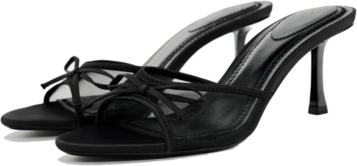 Womens Kitten Heels Bow Mesh Sandals Round Open Toe Slip On Low Slide Heeled Sandals | Amazon (US)