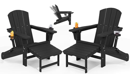KINGYES Folding Adjustable Adirondack Chair with Retractable Ottoman Set of 2, HDPE Oversized Outdoor Chair with Cup Holder, Wood-Like Recliner Versatile Adirondack Chair, Black | Amazon (US)
