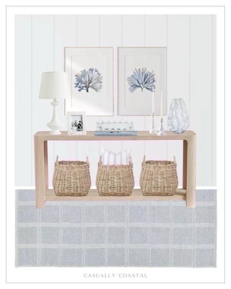 Entryway inspiration for your coastal home! Rug is currently 20% off! 
----- 
Coastal home decor, coastal home inspiration, entry way inspo, neutral home decor, coastal style, coastal entryway, beach house decor, beach home style, coastal rug, coastal console table, light wood console table, entryway table, coastal sideboard, coastal artwork, coastal wall art, coastal interiors, coastal lamp, white lamps, console table decor, blue and white rug, blue runner, Serena & Lily rug, entryway rug, Pottery Barn console table, light wood console table, beach house decor, beach house furniture, coastal basket, white table lamp, console table styling, ceramic ruffle vase, blue seaweed art, coral artwork, coastal wall decor, Nantucket stripe pillow cover, Etsy pillows, coastal pillows, Mud Pie nested everything tray, entryway decor, coastal tray, rattan taper holder, kittery rug, coastal blue rug, scalloped marble frame, white frame, amazon picture frames, Surf Shack book, Amazon coffee table books, candle holders, neutral home decor


#LTKSaleAlert #LTKHome