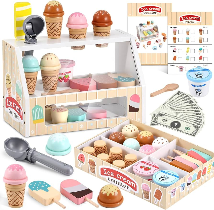 WHOHOLL Wooden Ice Cream Counter Playset for Toddler Girl Toys, Play Store Pretend Toy Food Play ... | Amazon (US)