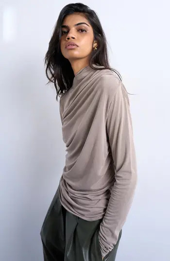 Topshop Ruched Long Sleeve Top in Pale Khaki at Nordstrom Rack, Size X-Small | Nordstrom Rack
