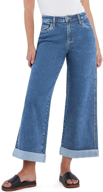 Sidefeel Women's Wide Leg Jeans High Waisted Stretchy Cropped Ankle Rolled Hem Denim Pants | Amazon (US)