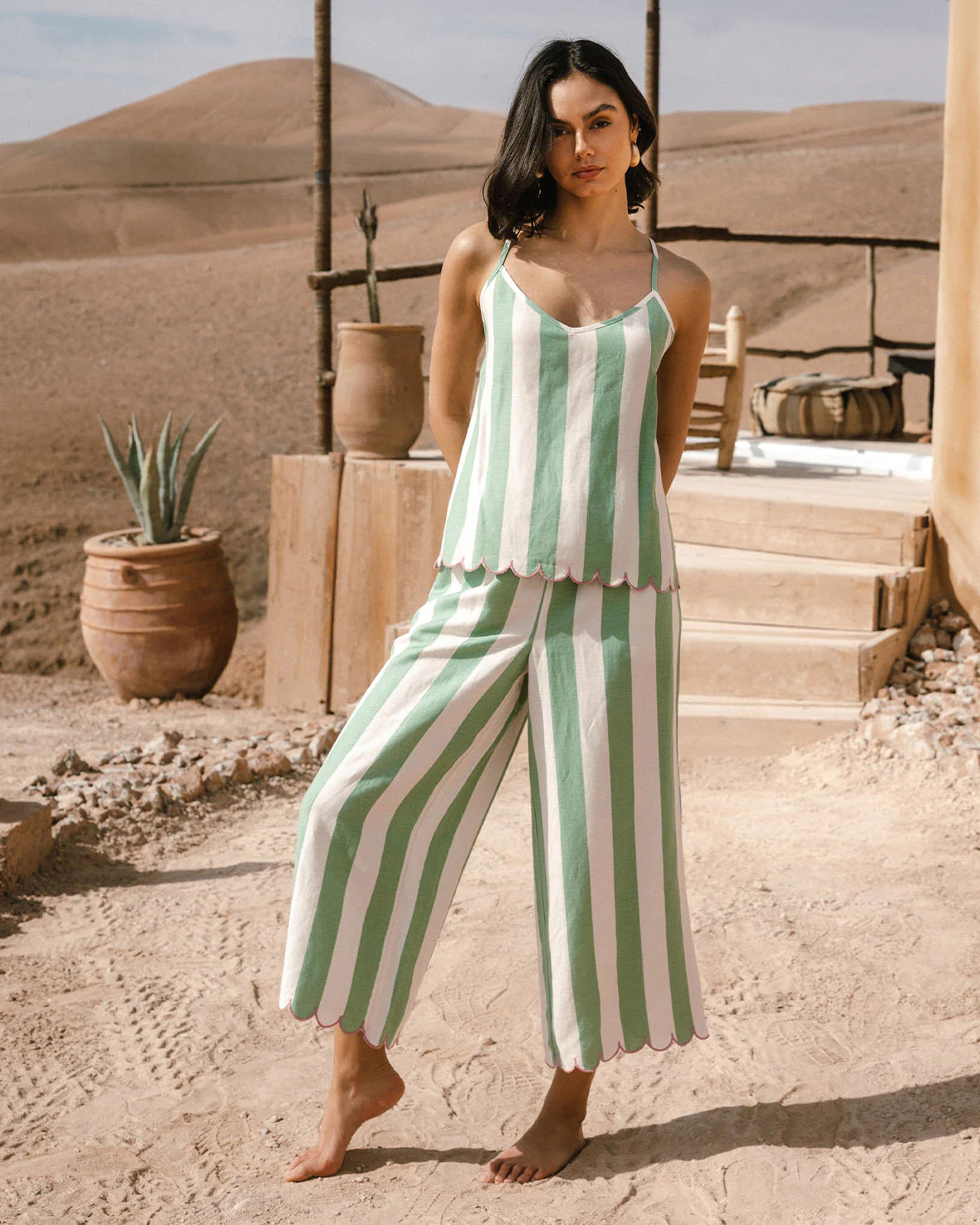 Linen-Blend Scallop Edge Stripe Cami Long Pyjama Set | Chelsea Peers NYC