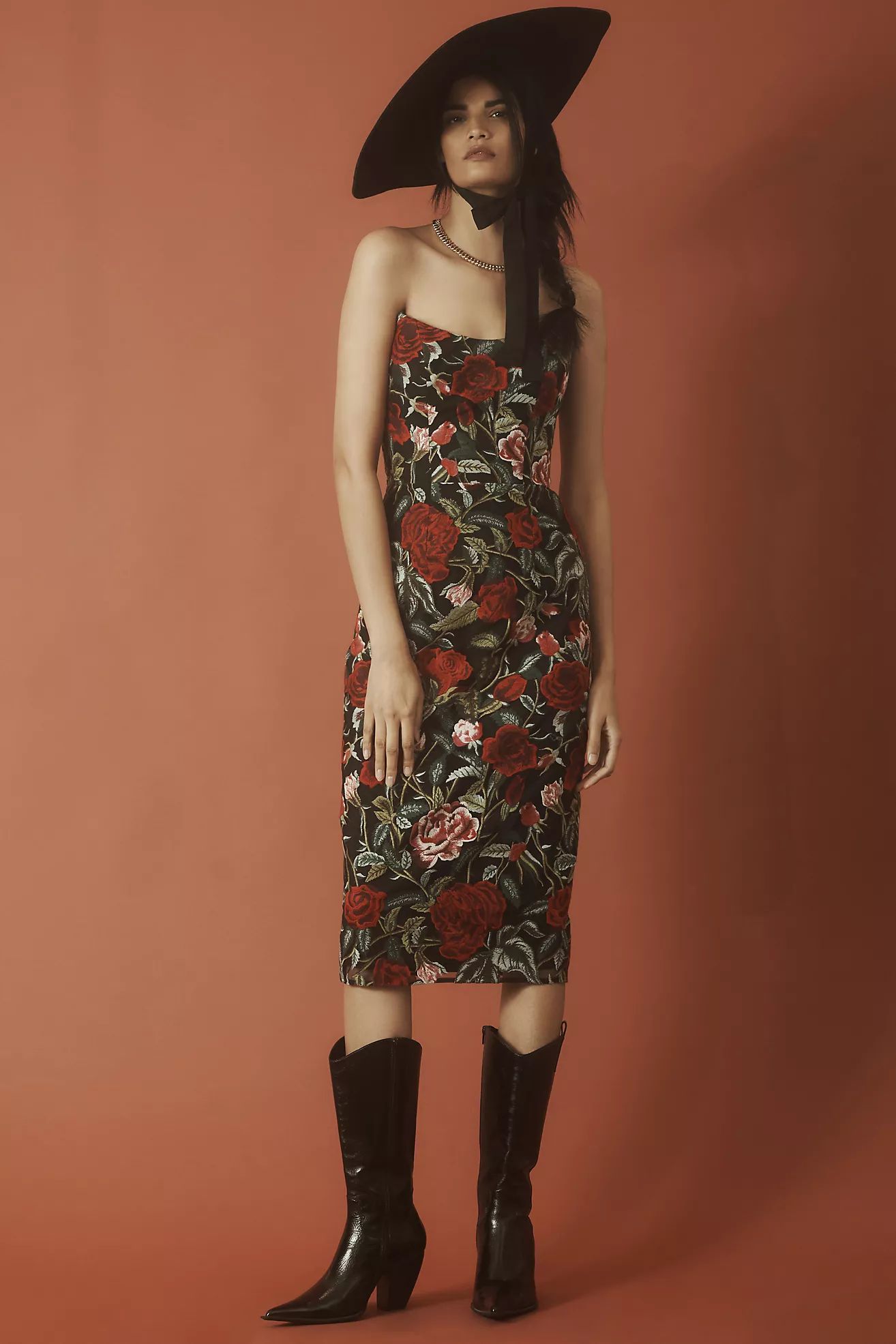 Dress The Population Cosette Strapless Embroidered Midi Dress | Anthropologie (US)