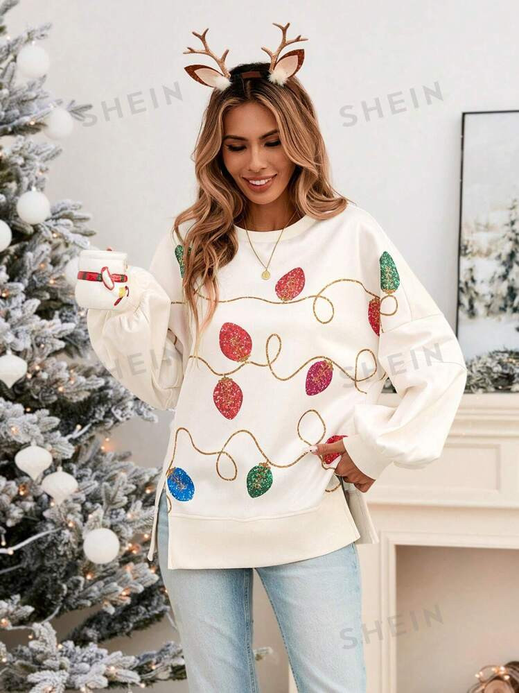 SHEIN LUNE Christmas Neon Lights Print Crew Neck Slit Cuff Long Sleeve Sweatshirt For Women, Casu... | SHEIN