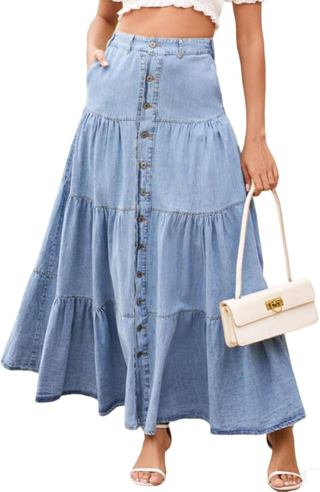 loveimgs Women Western Elastic High Waisted A Line Long Denim Skirt Button Ruffle Tiered Jean Max... | Amazon (US)