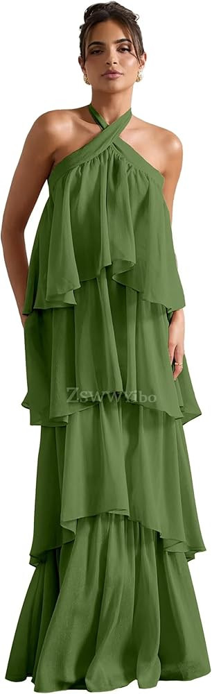 ZSWWYibo Halter Tiered Prom Dresses for Teens Sweetheart Chiffon Cake Dresses Party Dress | Amazon (US)