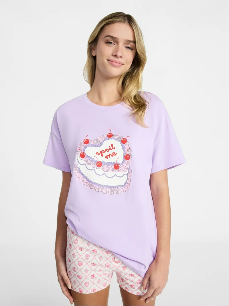 No Boundaries Sleep Graphic Tee and Boxer Shorts Set, 2-Piece, Women’s XXS-3X | Walmart (US)