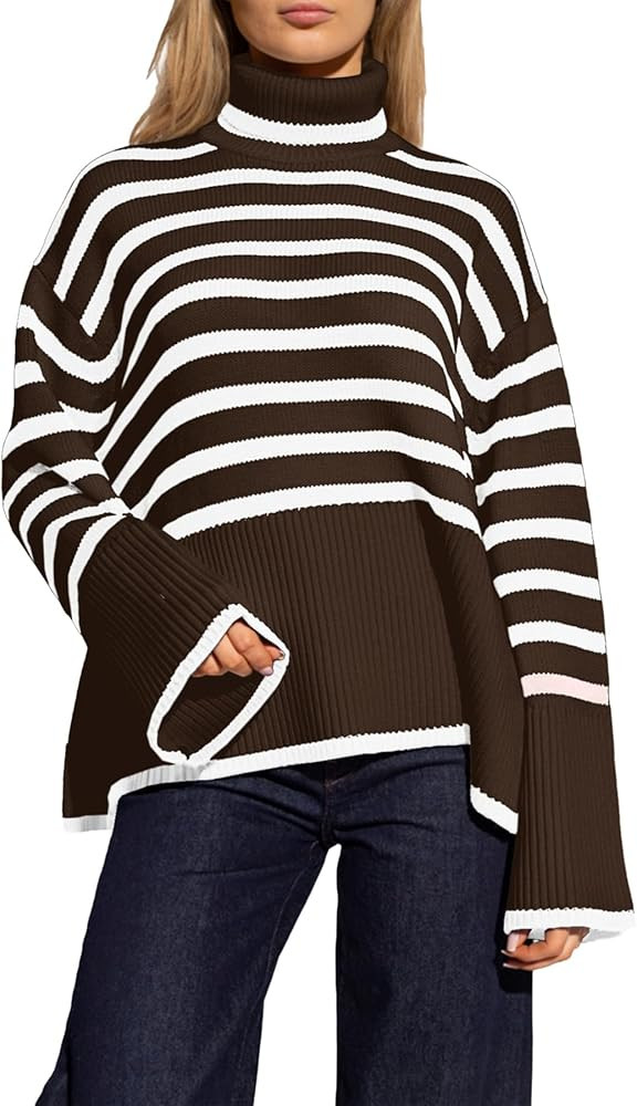 Women's Striped Turtleneck Sweater Long Sleeve Oversized Knitted Soft Pullover Sweaters Side Spli... | Amazon (US)