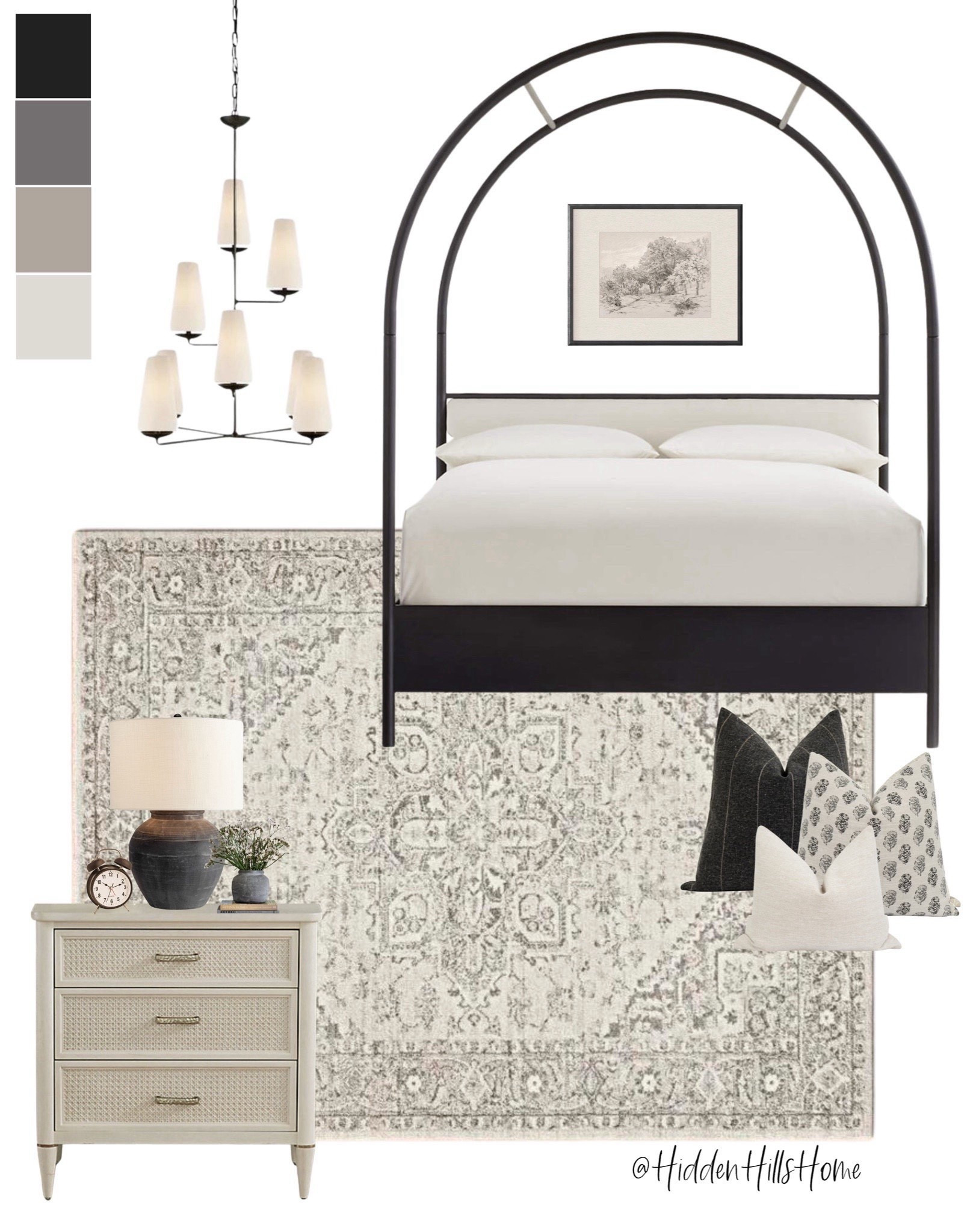 Modern classic primary bedroom mood board, arched canopy bed, neutral and black bedroom mood board #canopy #bedroom 


#LTKSaleAlert #LTKHome #LTKCyberWeek