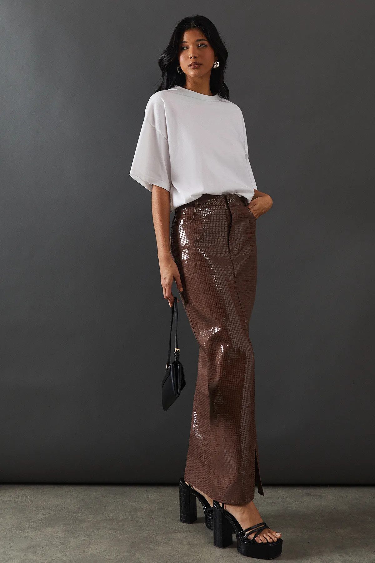 Brown Warehouse Premium All Over Shimmer Denim Maxi Skirt | Nasty Gal USA | Nasty Gal US