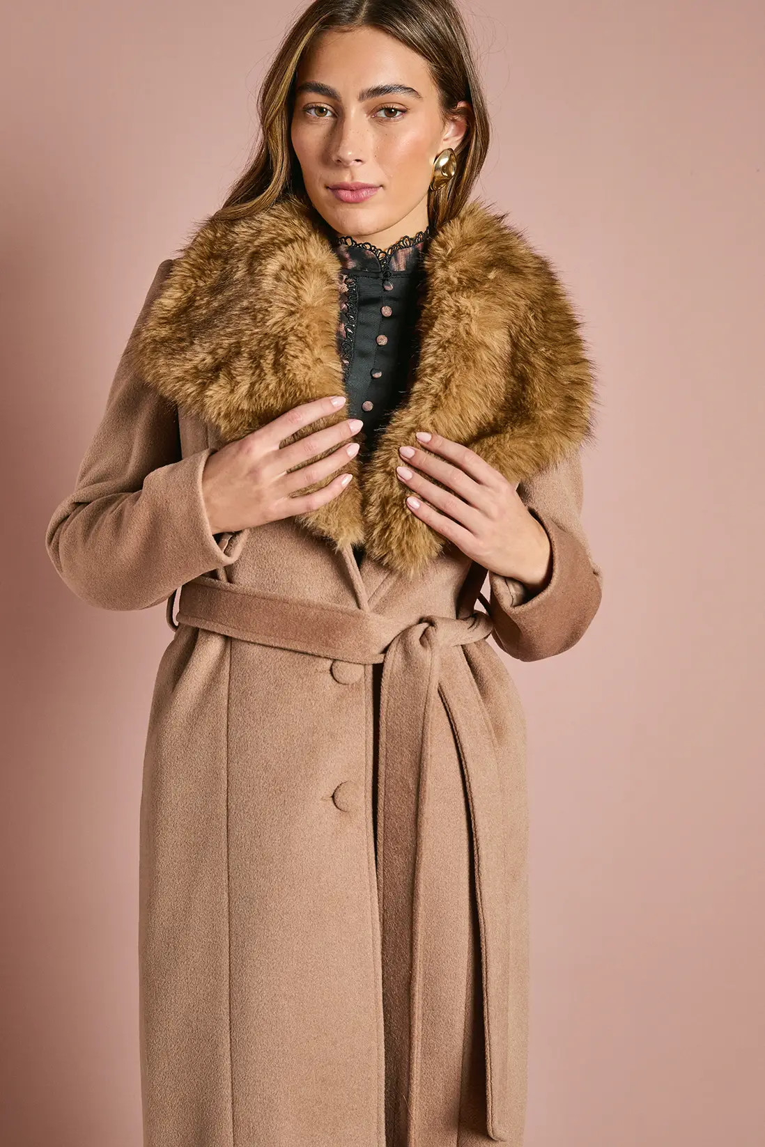 Jackets & Coats | Camel Faux Fur Collar Occasion Belted Midi Coat | Coast | Dorothy Perkins (UK)