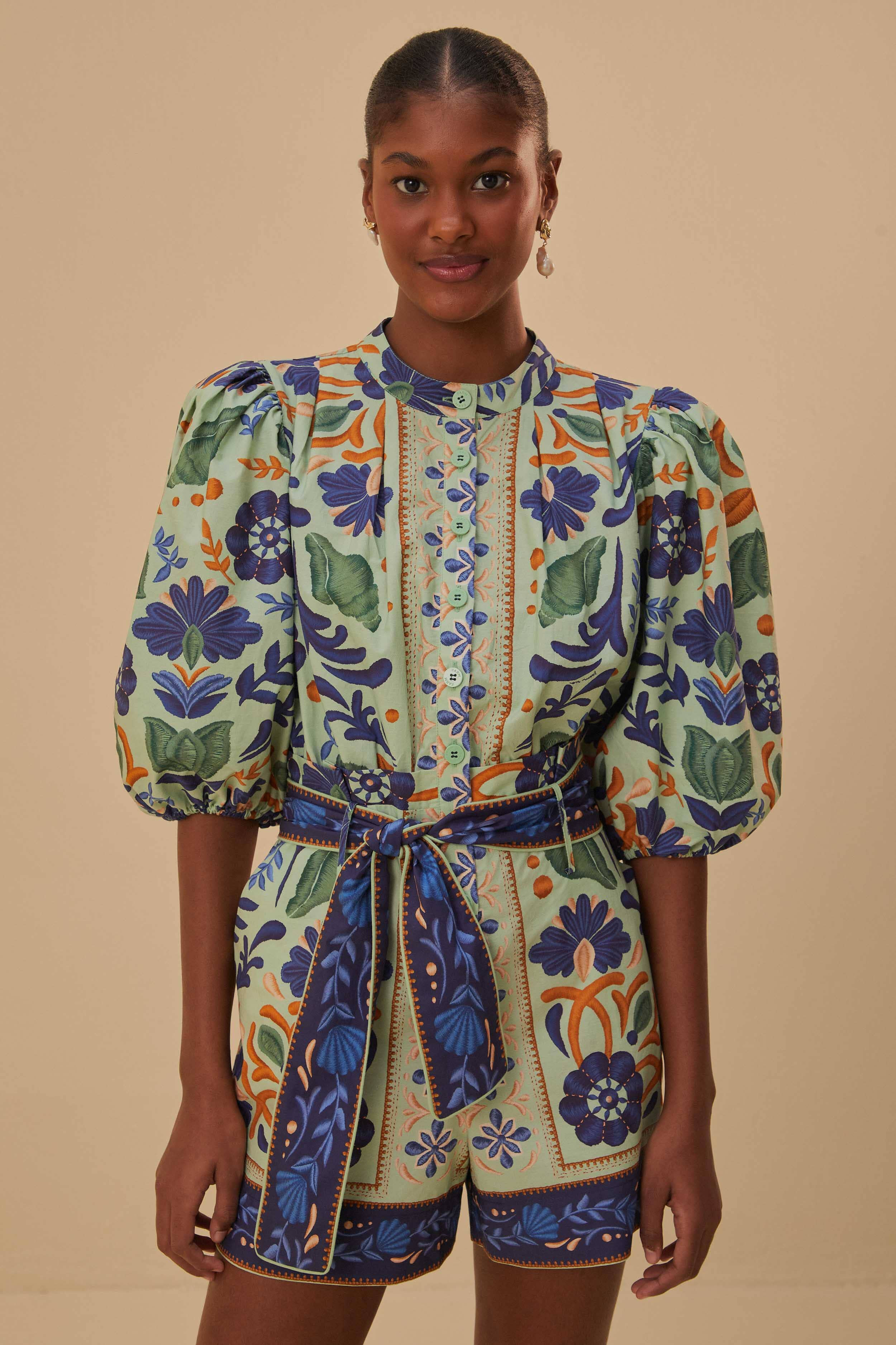 Green Ocean Tapestry Belted Romper | FarmRio (US)
