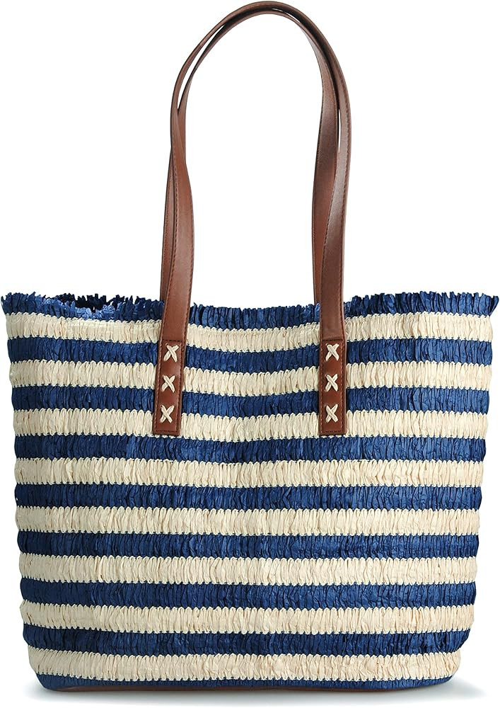 HOXIS Stripe Woven Straw Tote Women Beach Bag Vegan Shoulder Handbag | Amazon (US)