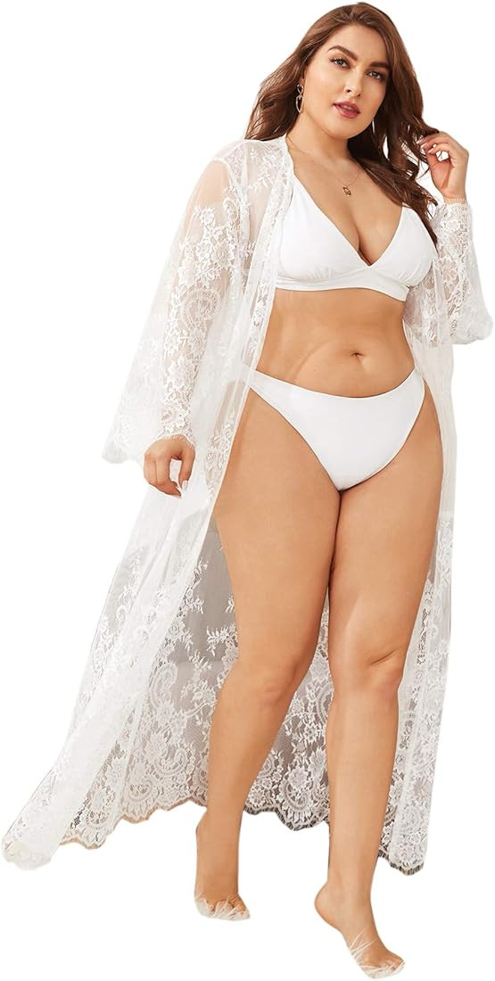 Romwe Women's Plus Size Floral Print Sheer Beach Swimsuit Cover up Long Kimono | Amazon (US)