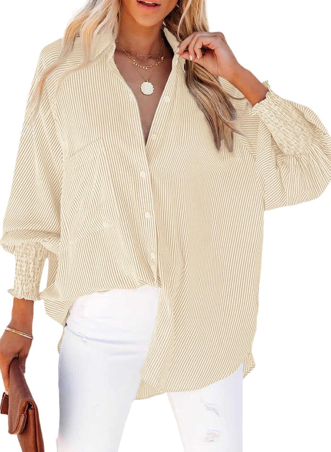 LEMAFER Womens Button Down Blouse Striped Smocked Cuffed Boyfriend Shirt | Amazon (US)