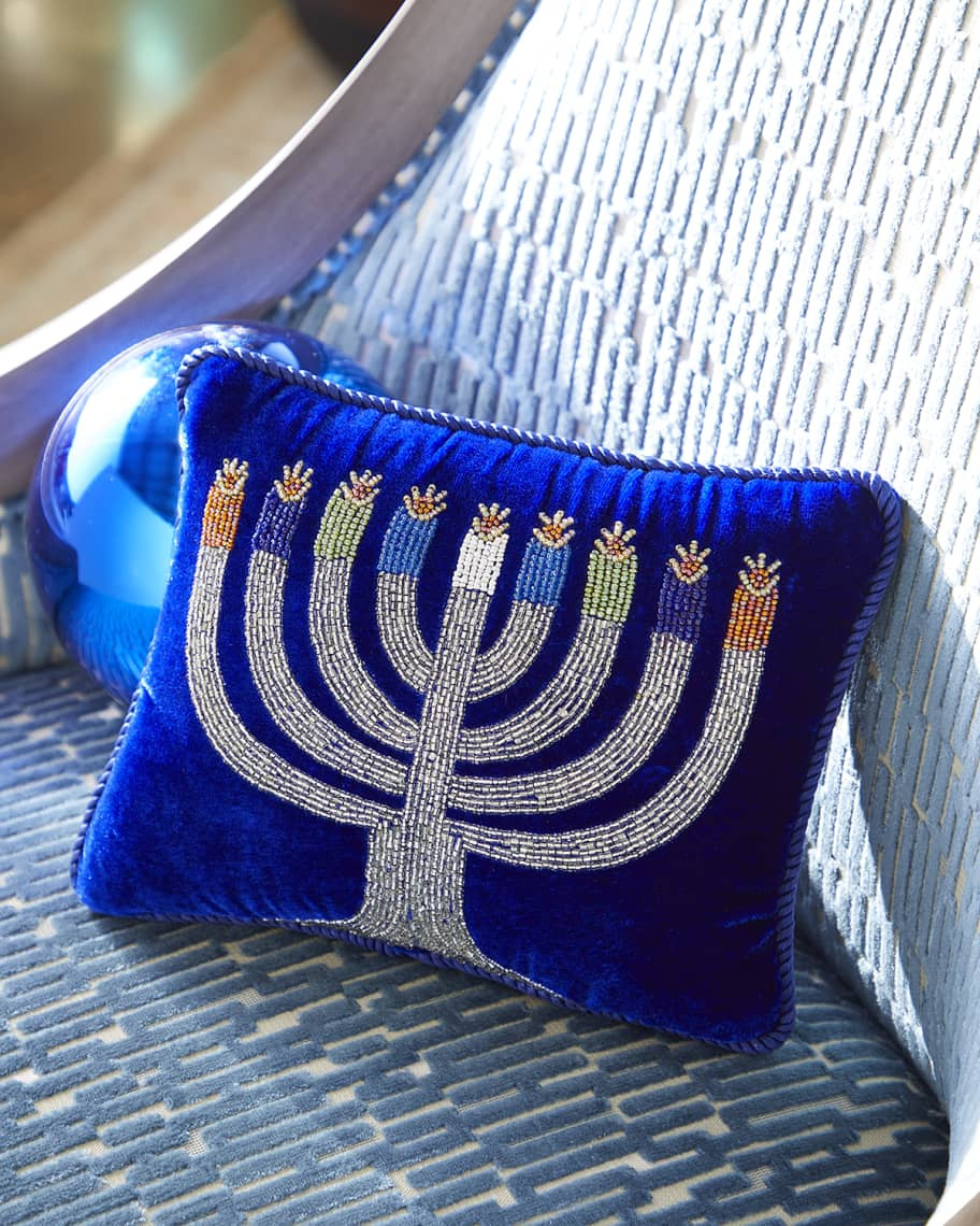 Sudha Pennathur 10" Hanukkah Blue Ash Pillow with Beaded Menorah | Neiman Marcus