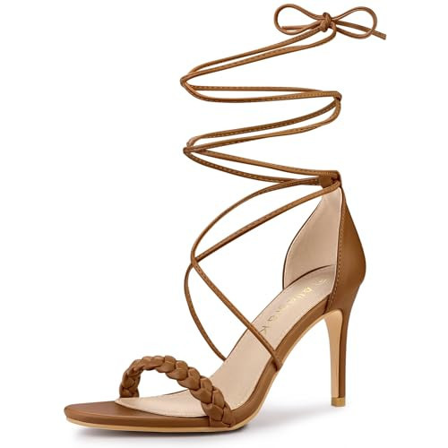 Allegra K Women's Woven Strap Lace Up Strappy Stiletto Heel Sandals Dark Brown 8 M US | Amazon (US)