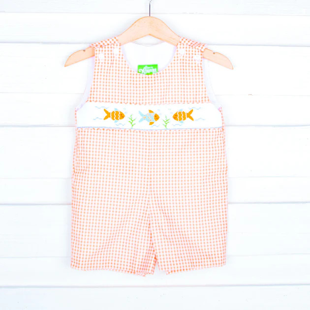 Fish Smocked Orange Gingham Jon Jon | Classic Whimsy