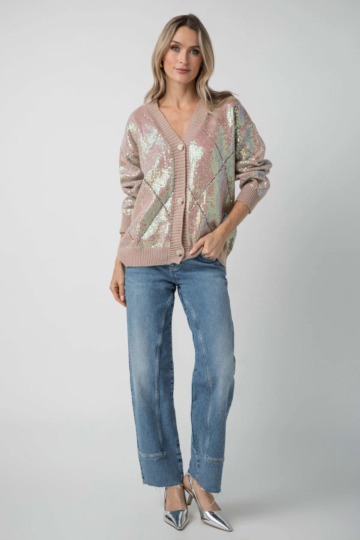 Fate Front Button Closure Sequin Cardigan | Social Threads