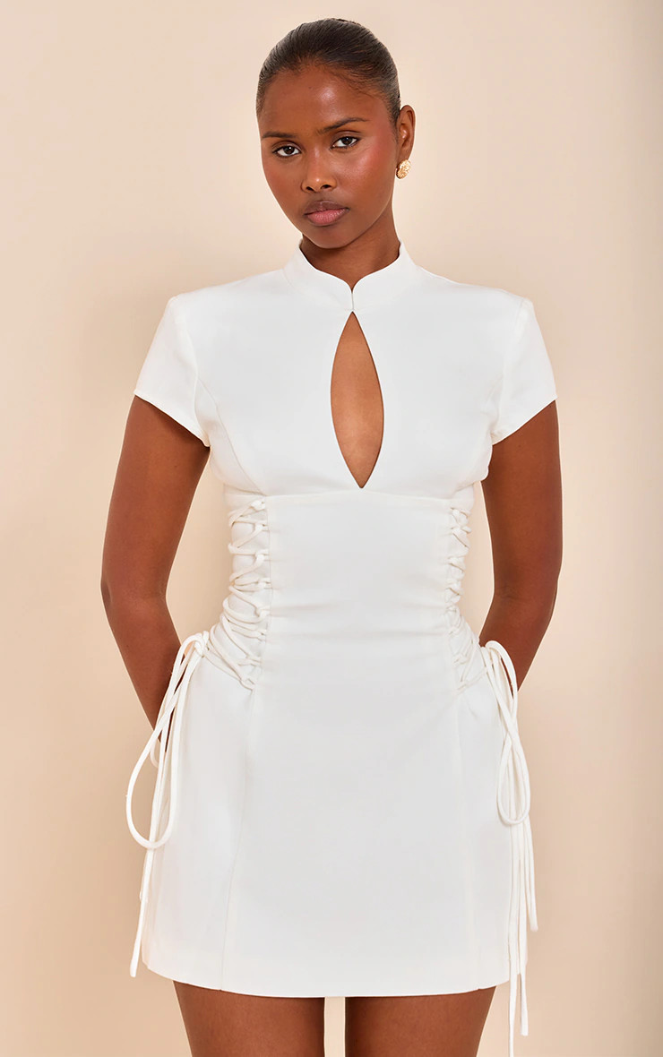 PLT Label Almond Tailored Band Collar A-line Dress | Dresses | PrettyLittleThing UK