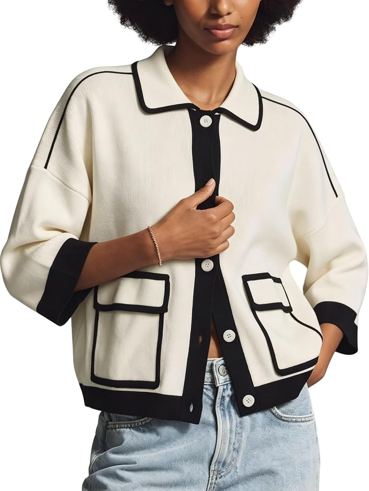 MINSURE Women 3/4 Sleeve Collared Contrast Knit Cardigan Jacket with Flap Pockets | Amazon (US)