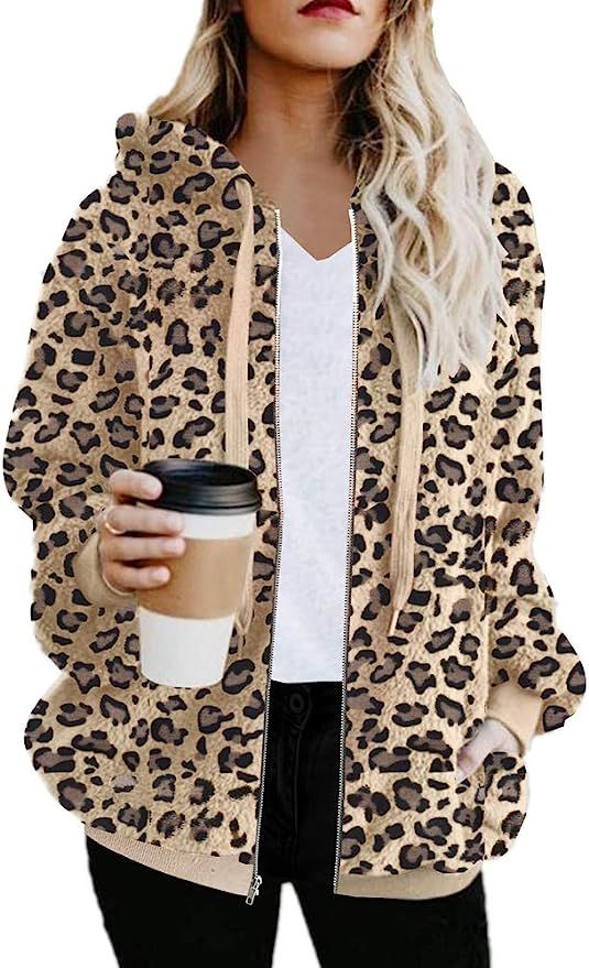 ETCYY NEW Womens Long Sleeve Fuzzy Fleece Leopard Print Oversized Hoodies Coat Zip Up Faux Shearl... | Amazon (US)